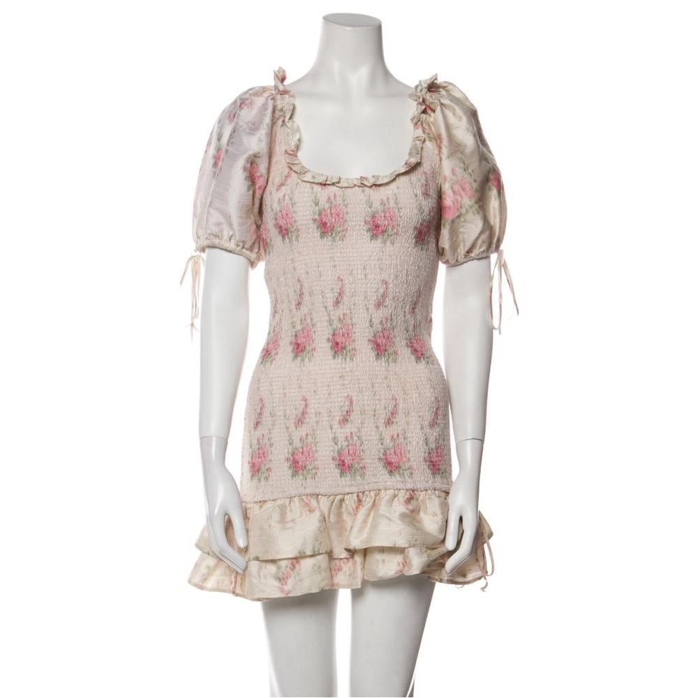 LoveShackFancy Violet Rose-Print Puff-Sleeve Mini Dress Size Medium